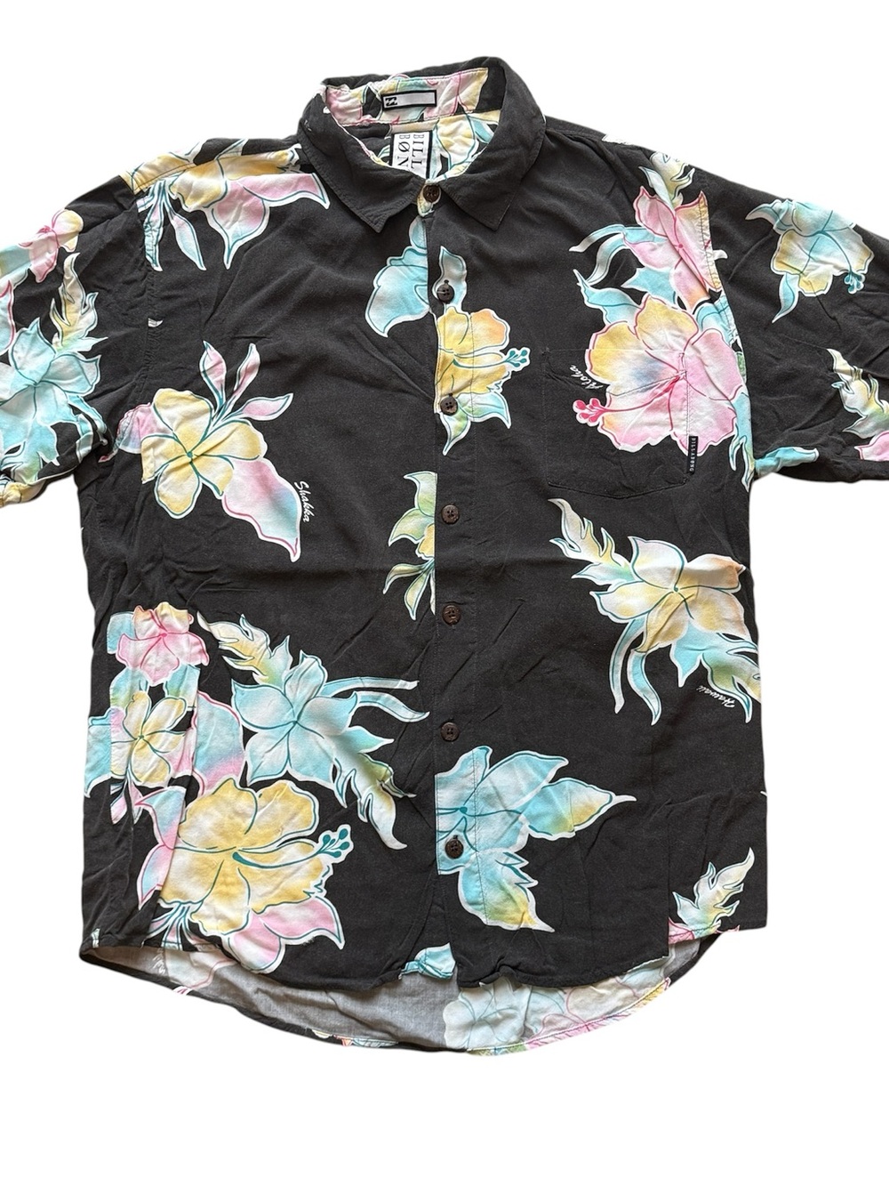 Billabong Black Hawaiian Floral Short-Sleeve Button-Down Large rayon